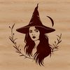 A stylized illustration of a witch's head with mystical symbols and elements.