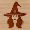 A detailed illustration of a witch's head with magical symbols and patterns.