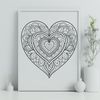 A intricate mandala design in the shape of a heart, suitable for various applications including digital design and crafting.