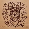 Adorable Miniature Dog Illustration A close-up illustration of a miniature dog's head with red love hearts surrounding its features.