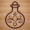 A simple line drawing illustration of a witch's potion bottle with mystical symbols and ingredients on a dark background.