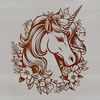 A mythical creature with a long neck and horn, surrounded by ornate floral patterns.
