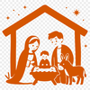 A traditional depiction of the Nativity scene featuring the Virgin Mary, Saint Joseph, and the baby Jesus in a stable.