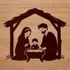 Nativity scene illustration with figures and animals in traditional Christmas setting