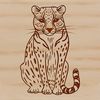 A close-up illustration of an ocelot sitting in a relaxed pose, showcasing the animal's distinctive coat patterns.