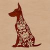 Decorative Floral Patterns with a Loyal Dog Breed A stylized illustration of a sitting Doberman Pinscher amidst ornate floral patterns.