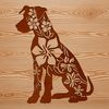 A large breed dog with an ornate floral pattern in the background, sitting calmly.