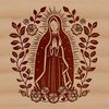 A detailed illustration of the Virgin Mary in ornate, floral surroundings, suitable for religious or inspirational purposes.