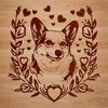 A Welsh Corgi's head is surrounded by ornate floral patterns featuring heart motifs.