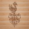 A mythical bird with vibrant plumage rising from the ashes in ornate detail.