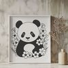 A large black and white panda bear sitting on a branch, surrounded by stylized floral patterns.