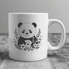 Playful Black and White Panda Silhouette A black-and-white panda bear with fluffy fur, sitting on a branch surrounded by lush green leaves.