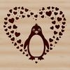 A black-and-white illustration of a penguin with heart symbols surrounding its body.