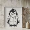 A penguin wearing a hooded jacket, depicted in vector format with clean lines and simple shapes.