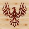 Vibrant Mythical Bird Rising from Ashes A mythical bird with radiant plumage rises from ashes in vibrant colors.