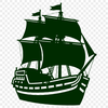 A silhouette illustration of a pirate standing on the deck of a ship.