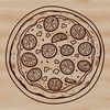 A digital illustration of a circular-cut pizza with various toppings.