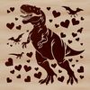 Prehistoric dinosaur illustration featuring a T Rex with heart symbols.