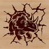 A prehistoric triceratops dinosaur breaking through a stone wall in a vector design style.