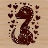 A colorful illustration of a cute prehistoric baby dino with love hearts surrounding its body.