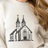 A stylized illustration of a traditional Protestant church exterior with Gothic-inspired architecture.
