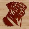A colorful illustration of a pug's head in a vector format.