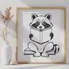 Whimsical Raccoon Studying A cartoon raccoon character sitting on a pile of books, surrounded by reading materials.