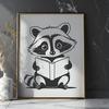 Whimsical Woodland Critter Reading Scene A masked raccoon sitting on a pile of books, reading with interest.