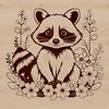 A raccoon surrounded by flowers in various colors.