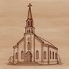 A digital illustration of a traditional American-style Baptist church with a prominent steeple.