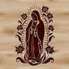 A detailed, ornate illustration of the Virgin Mary surrounded by floral motifs.