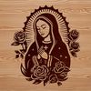 Beautiful Virgin Mary SVG Illustration Ornate illustration of Virgin Mary surrounded by floral patterns, suitable for religious-themed crafts or designs.