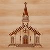 A detailed illustration of a traditional Baptist church building with a steepled roof and large entrance doors.