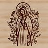 A stylized illustration of the Virgin Mary surrounded by ornate floral patterns in a traditional religious design.