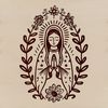 Ornate Vector Art of the Virgin Mary A detailed illustration of the Virgin Mary surrounded by ornate floral patterns in vector format.