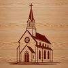 An illustration of a traditional Baptist church with a steeply pitched roof and a central steeple.