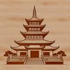 A stylized rendering of a traditional Buddhist temple, featuring a distinctive architectural style with intricate details.