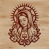 A stylized illustration of the Virgin Mary surrounded by ornate floral patterns and symbolic motifs.