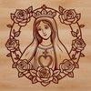 A stylized floral design featuring the Immaculate Heart in bold lines and delicate curves.