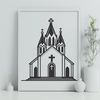 Ornate Church Building Vector Graphic A detailed illustration of a traditional Catholic church with a prominent bell tower and ornate architecture.