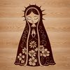 A stylized illustration of the Virgin Mary surrounded by intricate floral patterns and ornate details.