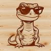 A green reptile wearing trendy sunglasses on its head.