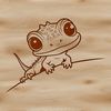 A detailed illustration of a lizard peeking out from behind a leaf.