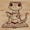 A cartoon lizard character sitting on a rock and reading an open book, created as a vector illustration.