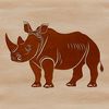 A large, gray rhinoceros with a distinctive horn standing on a grassy savannah landscape.
