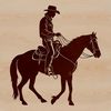 A lone cowboy on horseback in a western landscape.