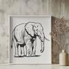 A large standing elephant with a thick gray body and long curved tusks.