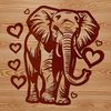 A majestic elephant standing on its hind legs, designed with love hearts around its body.
