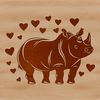 A rhino in a natural habitat, surrounded by love hearts, highlighting its wild nature.