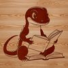 A salamander sitting on a tree stump, reading a book in a forest environment.